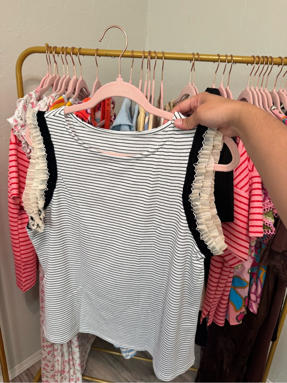 Striped Ruffle Sleeve Tank Top - Black & White